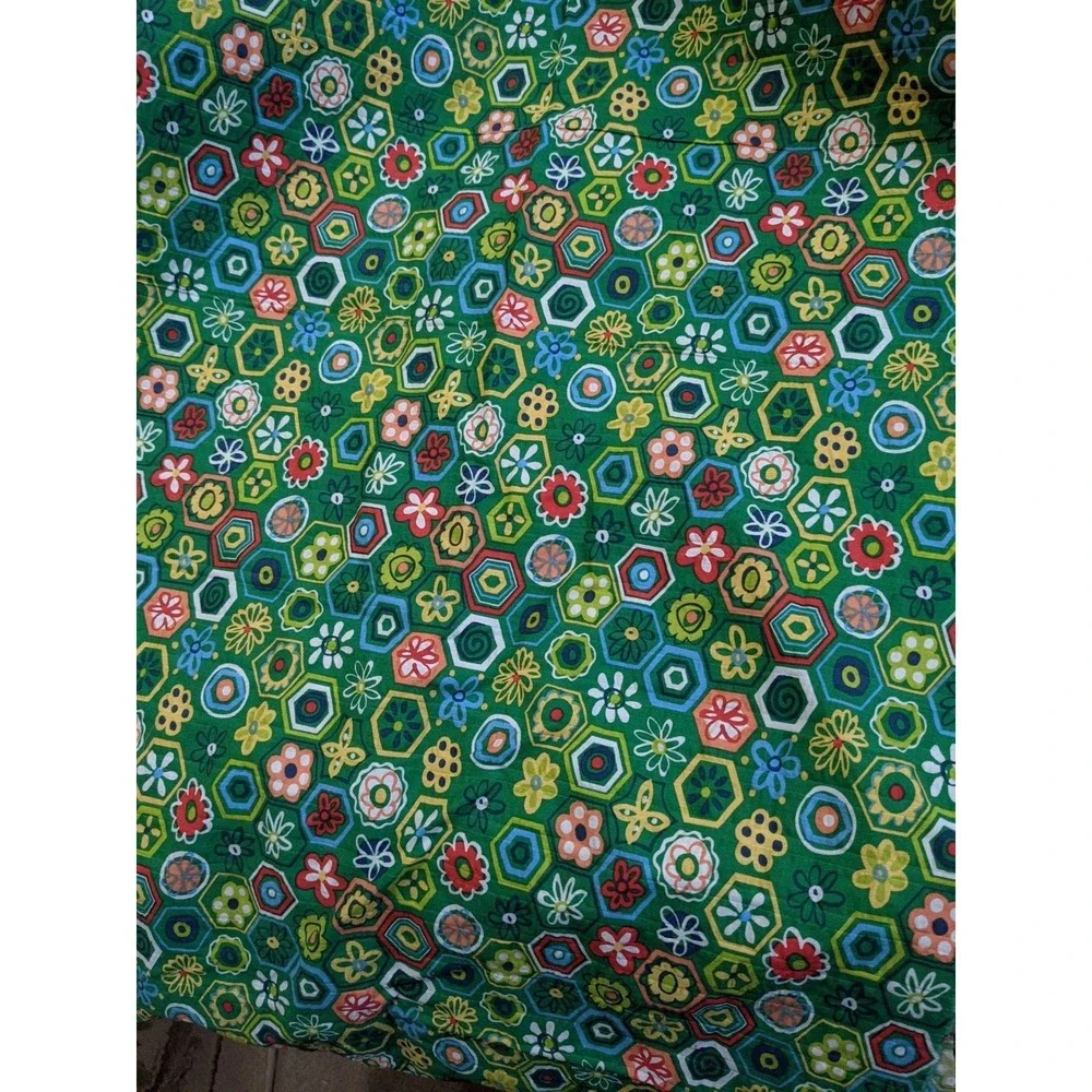Vintage Bloomcraft Screenprint Fabric Green‎ Floral Hexagon Geometric 1 Yard